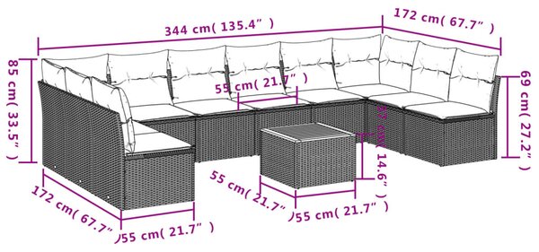 11dílný zahradní sedací souprava s poduškami béžový polyratan 3223798