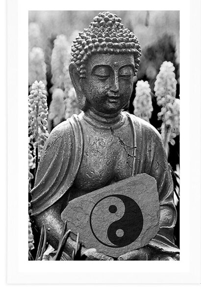 Plakát s papsartou jin a jang Buddha v černobílém provedení