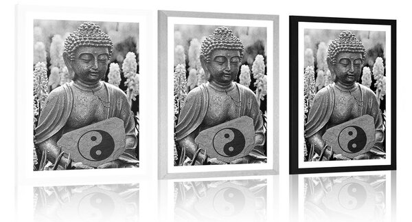 Plakát s papsartou jin a jang Buddha v černobílém provedení