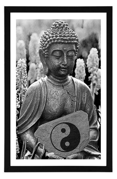 Plakát s papsartou jin a jang Buddha v černobílém provedení