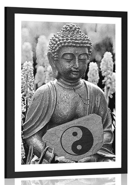 Plakát s papsartou jin a jang Buddha v černobílém provedení