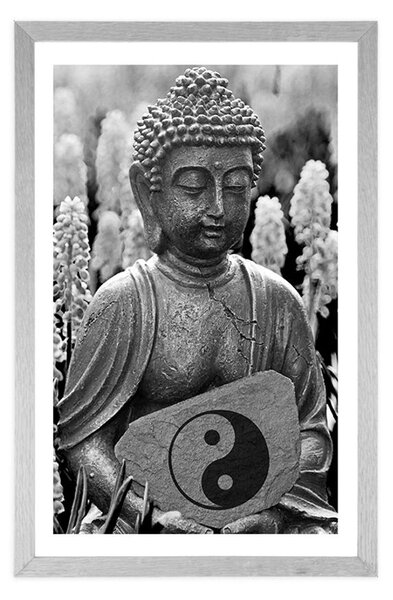 Plakát s papsartou jin a jang Buddha v černobílém provedení
