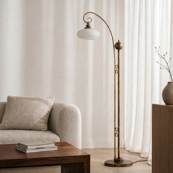 Jupiter Stojací lampa Bolero, černozlatá, krémová, ocel, sklo, E27, Krémová / jantar, Obývací pokoj / jídelna, kov, Starožitný