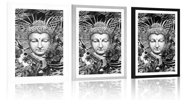 Plakát s paspartou Buddha na exotickém pozadí v černobílém provedení