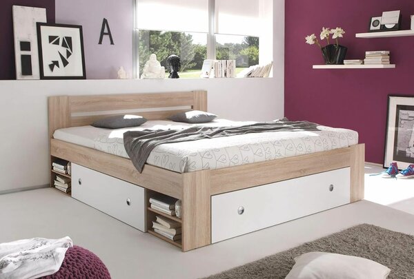 Zvýšená postel s úložným prostorem NEPOLI 140x200, dub sonoma - bílá
