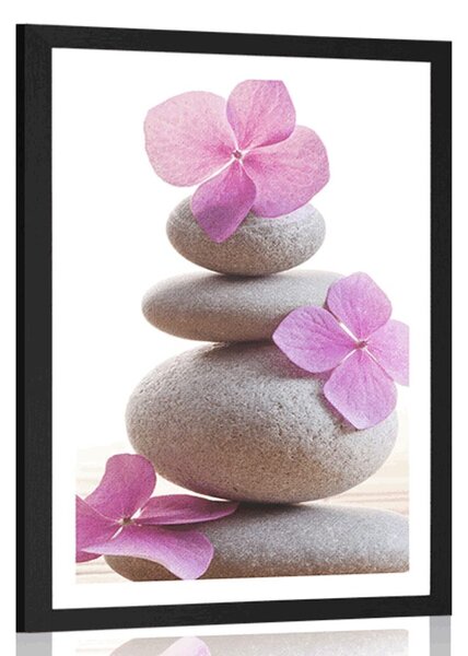 Plakát s paspartou balancí kamenů a růžové orientální květiny
