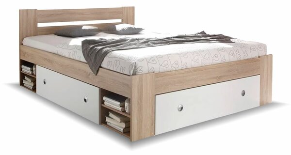 Zvýšená postel s úložným prostorem NEPOLI 140x200, dub sonoma - bílá