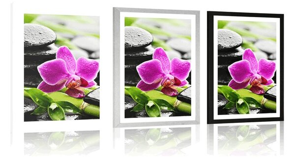 Plakát s paspartou wellness zátiší s fialovou orchidejí