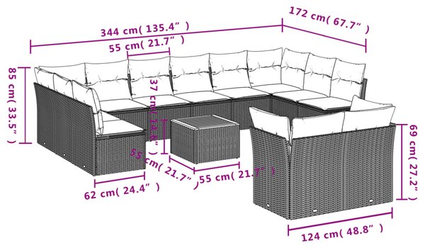 13dílný zahradní sedací souprava s poduškami černý polyratan 3223914