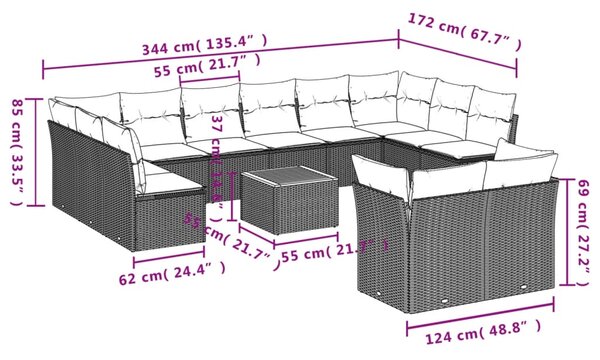 13dílná zahradní sedací souprava s poduškami šedá polyratan 3223918