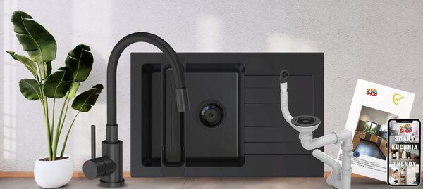 Granitový dřez černý jednokomorový na desku s odkapávačem a baterií