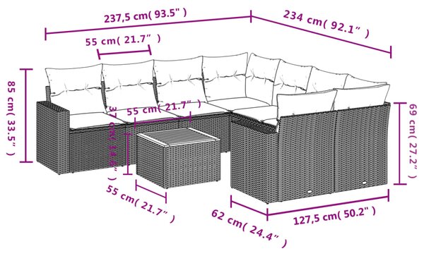 9dílná zahradní sedací souprava s poduškami béžová polyratan 3224049
