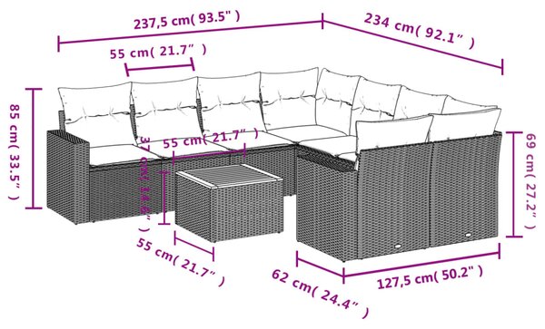 9dílná zahradní sedací souprava s poduškami šedá polyratan 3224051
