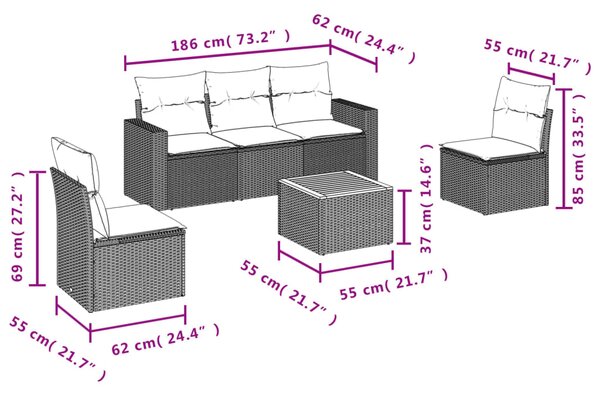 6dílná zahradní sedací souprava s poduškami černá polyratan 3224061