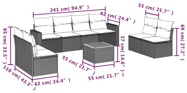 9dílná zahradní sedací souprava s poduškami béžová polyratan 3224085