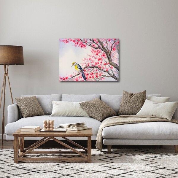 Obraz - Ptáček na stromě s červenými květy (70x50 cm)