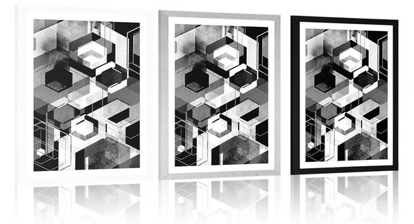 Plakát s paspartou abstraktní geometrie v černobílém provedení