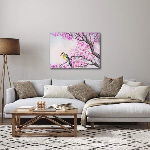 Obraz - Ptáček na stromě s růžovými květy (70x50 cm)