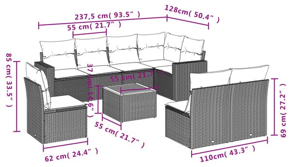 9dílná zahradní sedací souprava s poduškami černá polyratan 3224159