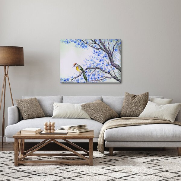 Obraz - Ptáček na stromě s modrými květy (70x50 cm)
