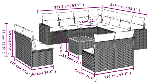 12dílná zahradní sedací souprava s poduškami béžová polyratan 3224183