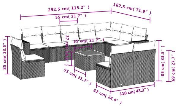 11dílný zahradní sedací souprava s poduškami béžový polyratan 3224176
