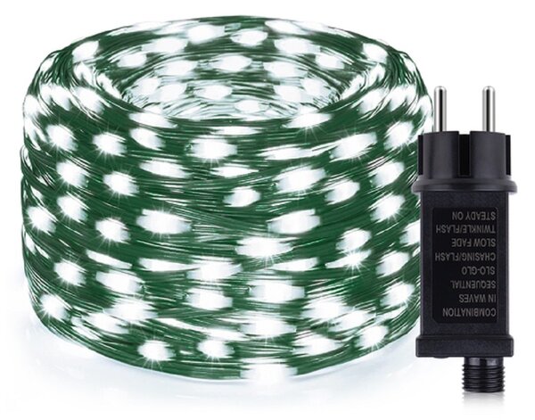 Venkovní vánoční mikro řetěz, studená bílá, 50m, 500 LED, 8 programů