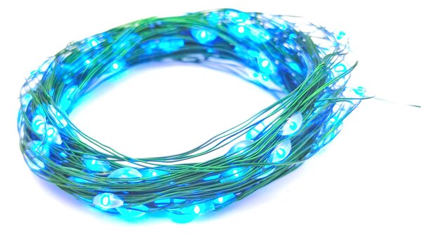 Vánoční LED mikro řetěz na baterie – modrá, 10 m, 100 LED, zelený kabel