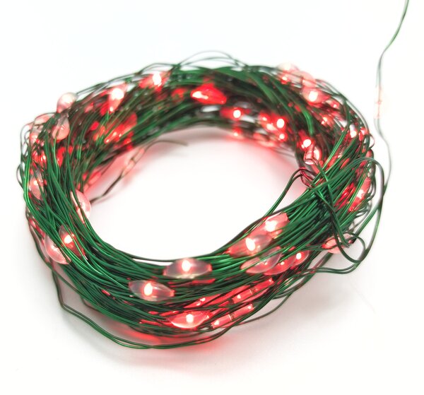 Vánoční LED mikro řetěz na baterie – červená, 10 m, 100 LED, zelený kabel