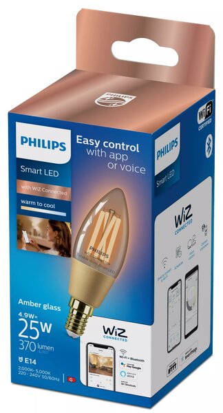 WiZ Smart LED Svíčková žárovka Filament oranžová 4,9 W (ekv. 25 W) 370lm C35 E14