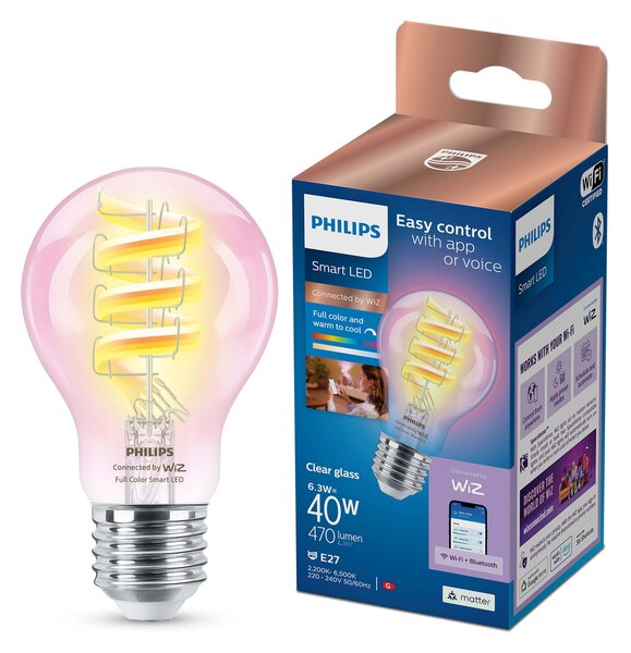 WiZ Smart LED Žárovka s tradičním vzhledem, čirá, 40 W 470lm 2200-6500K (RGB) A60 E27