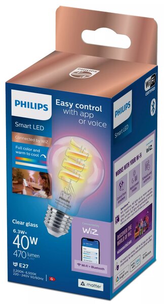 WiZ Smart LED Žárovka s tradičním vzhledem, čirá, 40 W 470lm 2200-6500K (RGB) A60 E27