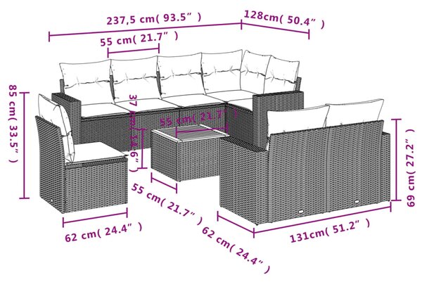 9dílná zahradní sedací souprava s poduškami béžová polyratan 3224218