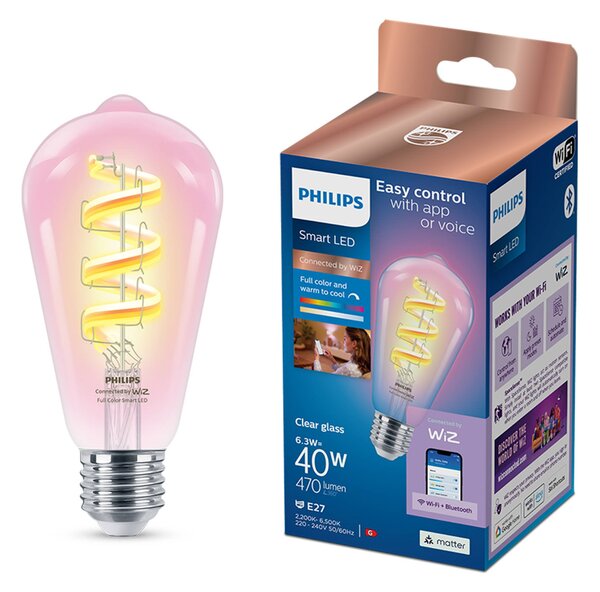 WiZ Smart LED Žárovka s tradičním vzhledem, čirá, 40 W 470lm 2200-6500K (RGB) ST64 E27