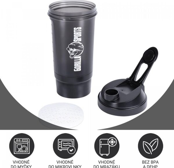 Gorilla Sports Shaker s přihrádkou, 500 ml, černý