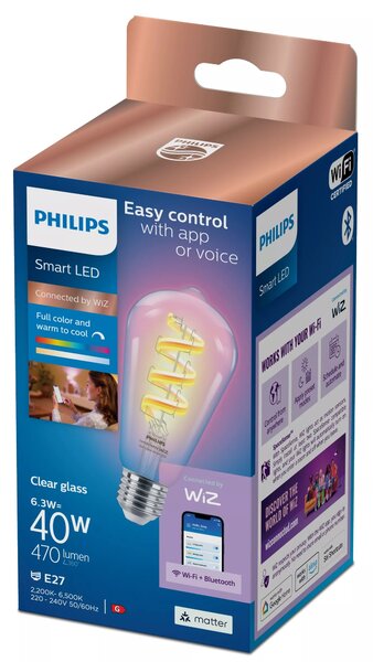 WiZ Smart LED Žárovka s tradičním vzhledem, čirá, 40 W 470lm 2200-6500K (RGB) ST64 E27