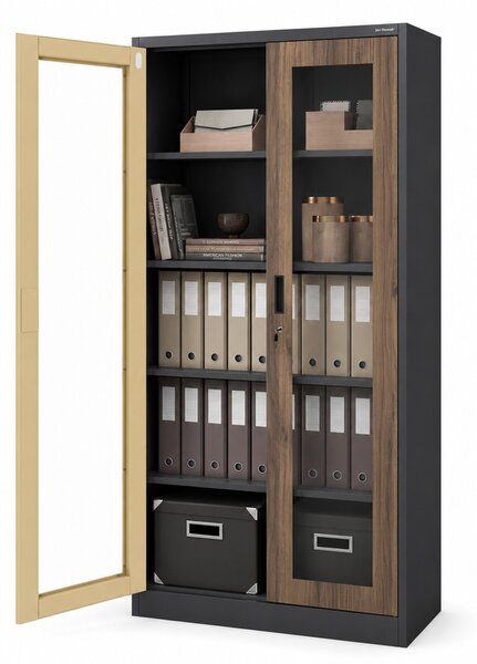 Kovová skříň s vitrínou antracitová / ořech: Eco Design AMELIA, 900 x 1850 x 400 mm