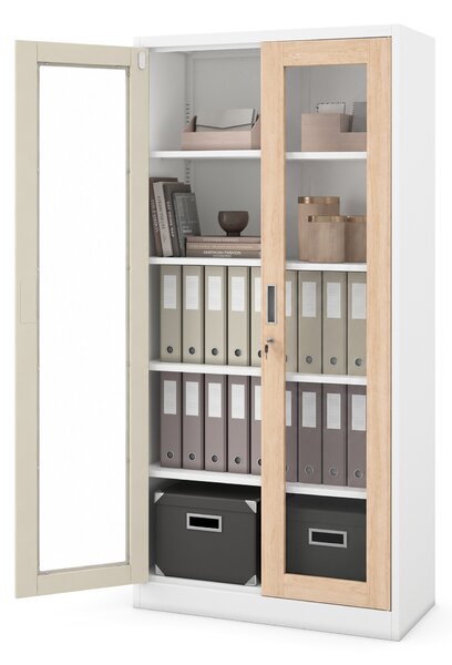 Kovová skříň s vitrínou bílá / dub sonoma: Eco Design AMELIA, 900 x 1850 x 400 mm