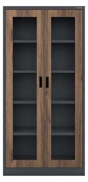 Kovová skříň s vitrínou antracitová / ořech: Eco Design AMELIA, 900 x 1850 x 400 mm