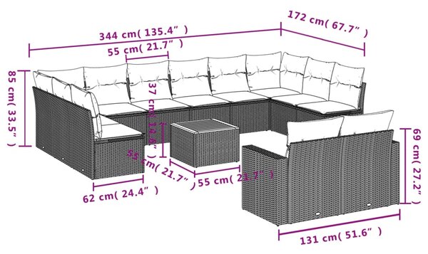13dílný zahradní sedací souprava s poduškami černý polyratan 3224355