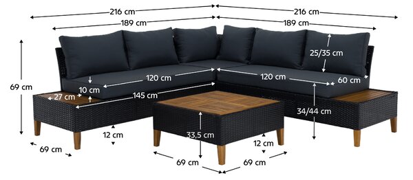 Zahradní ratanový set Malcolm (černá + šedá + přírodní)