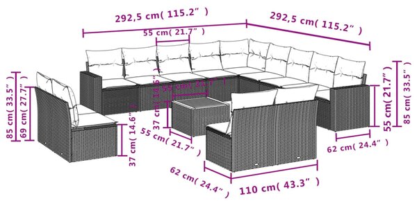 14dílná zahradní sedací souprava s poduškami černá polyratan 3224376