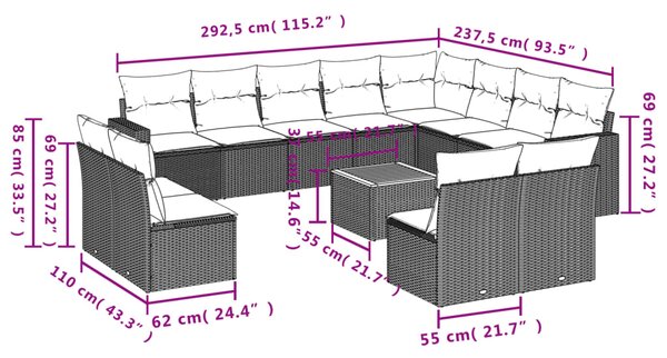 13dílný zahradní sedací souprava s poduškami černý polyratan 3224369