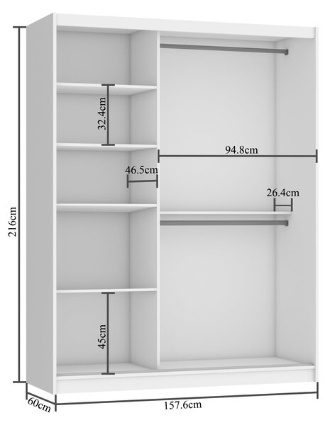 Šatní skříň 158 cm Belini černý mat / dub wotan s posuvnými dveřmi a zrcadlem