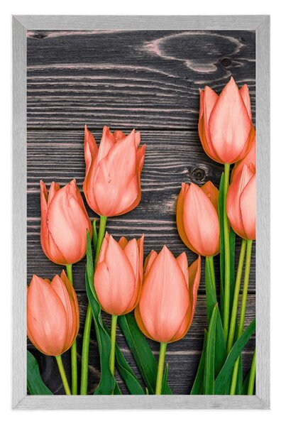 Plakát oranžové tulipány na dřevěném podkladu
