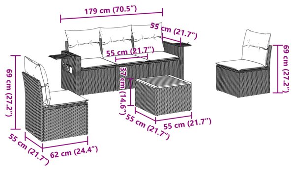 6dílná zahradní sedací souprava s poduškami černá polyratan 3224502