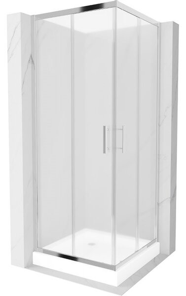 Mexen Rio, čtvercový sprchový kout s posuvnými dveřmi 70 x 70 cm, 5mm sklo námraza, chromový profil + bílá vysoká sprchová vanička Rio, 860-070-070-0…