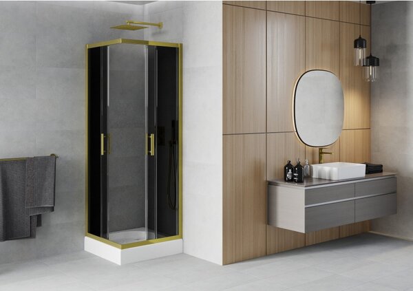 Mexen Rio, čtvercový sprchový kout s posuvnými dveřmi 70 (dveře) x 70 (dveře) x 190 cm, 5mm šedé sklo, zlatý profil + bílá sprchová vanička RIO, 860-…