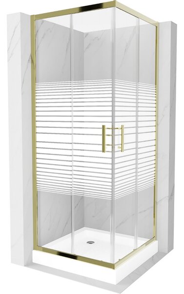 Mexen Rio, čtvercový sprchový kout s posuvnými dveřmi 70 (dveře) x 70 (dveře) x 190 cm, 5mm čiré sklo s pásky, zlatý profil + bílá sprchová vanička R…