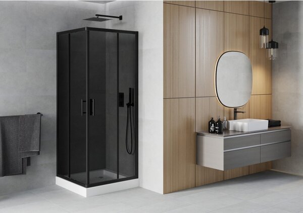 Mexen Rio, čtvercový sprchový kout s posuvnými dveřmi 70 (dveře) x 70 (dveře) x 190 cm, 5mm šedé sklo, černý profil + bílá sprchová vanička RIO, 860-…